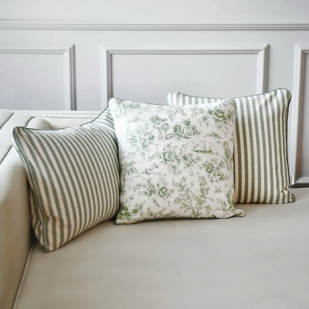 Fabric cushions - Toile de Jouy Green Decorative Cushion Cover - Textile Collection - ROSEBERRY HOME