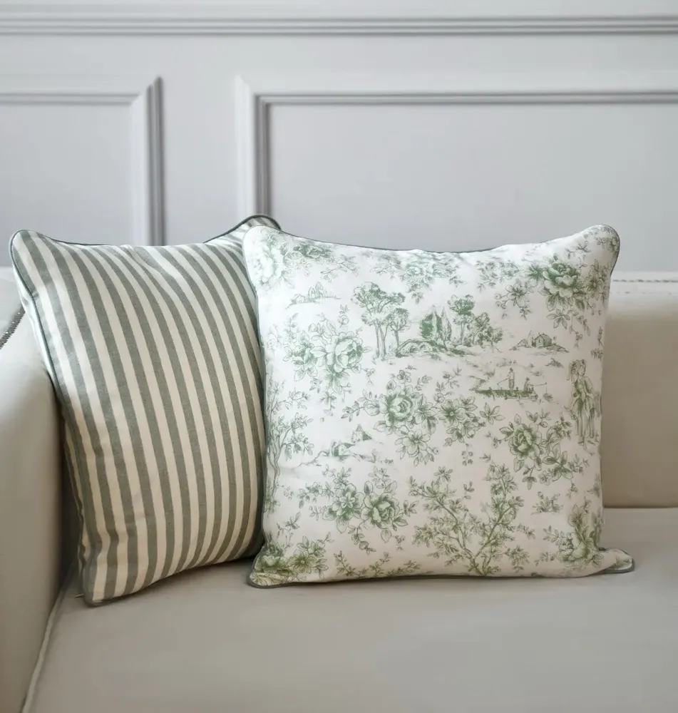 Fabric cushions - Toile de Jouy Green Decorative Cushion Cover – Textile Collection - ROSEBERRY HOME