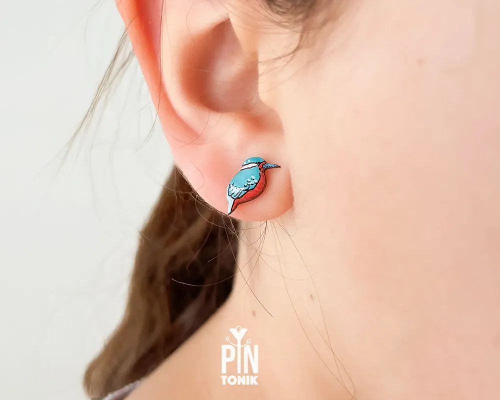 Jewelry - Kingfisher Stud Earrings – Hand-Painted Bird Jewelry - PINTONIK