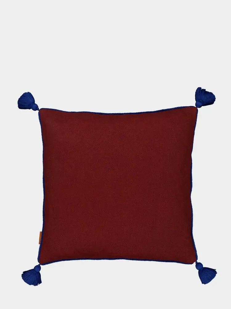Cushions - Hand-Embroidered Viana Bordeaux Linen with Blue Embroidery Cushion - HOUSE OF CAPRICORN