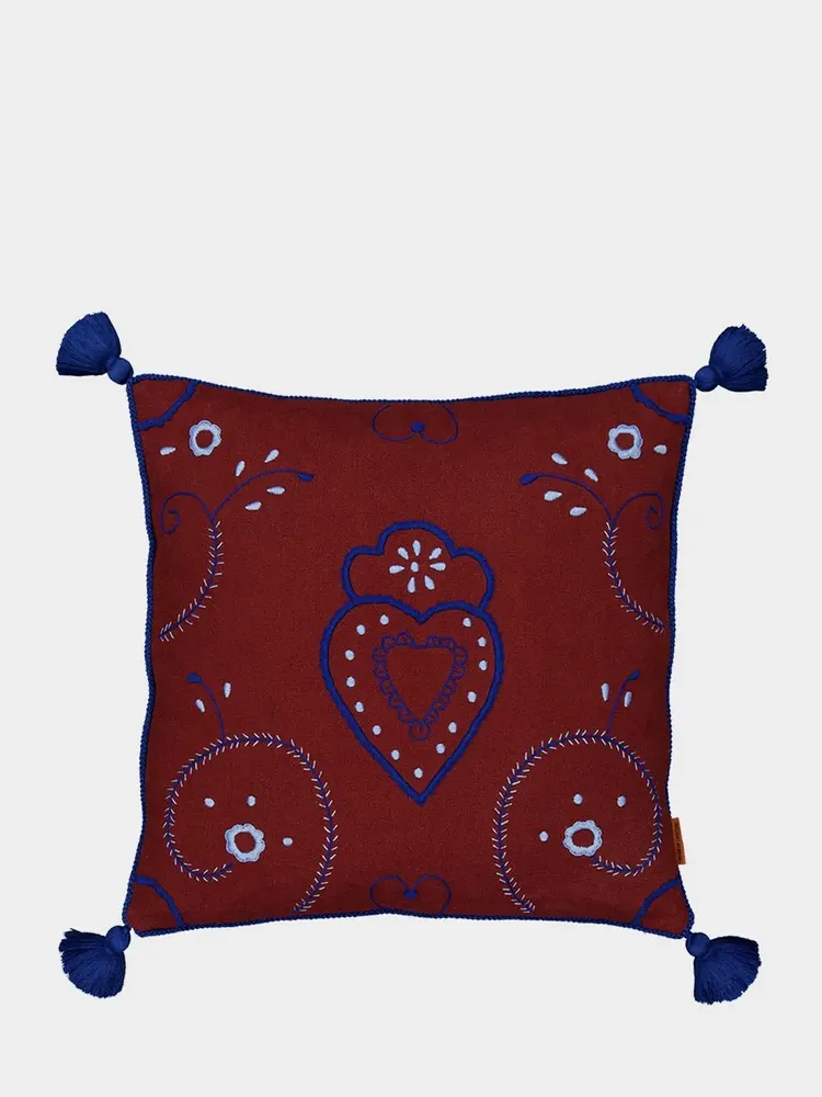 Cushions - Hand-Embroidered Viana Bordeaux Linen with Blue Embroidery Cushion - HOUSE OF CAPRICORN