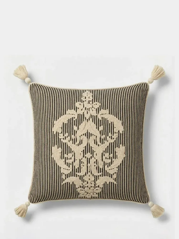 Coussins - Bourbon Black Stripped Cotton and Chenille Embroidered Cushion - HOUSE OF CAPRICORN