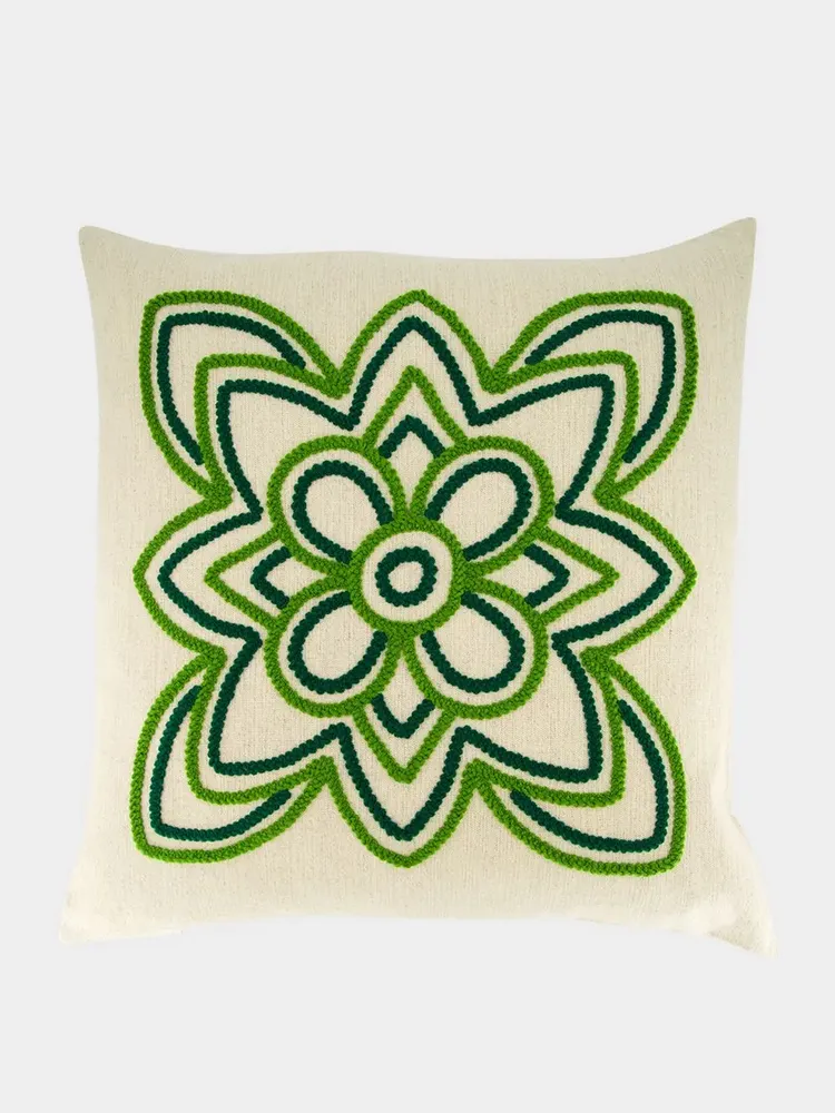 Cushions - Handmade Florea Natural Linen and Green Embroidered Cushion - HOUSE OF CAPRICORN