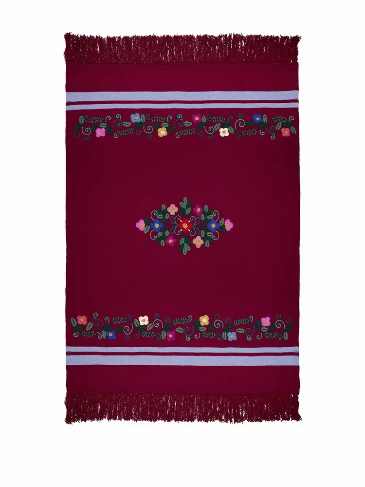 Throw blankets - Hand-Embroidered Frésia Bordeaux Wool Blanket - HOUSE OF CAPRICORN