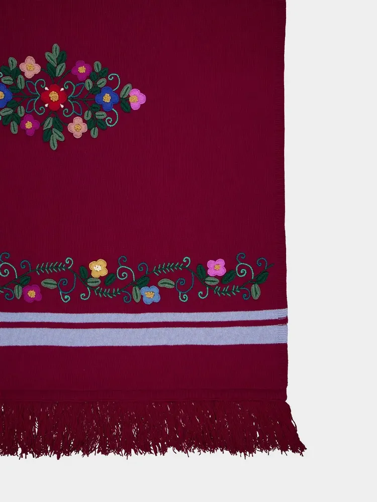 Throw blankets - Hand-Embroidered Frésia Bordeaux Wool Blanket - HOUSE OF CAPRICORN