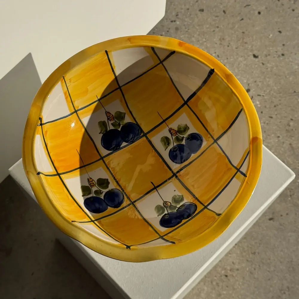 Bowls - Large yellow pedestal fruit bowl with plum pattern H15 D29 - OFFICE OBJETS