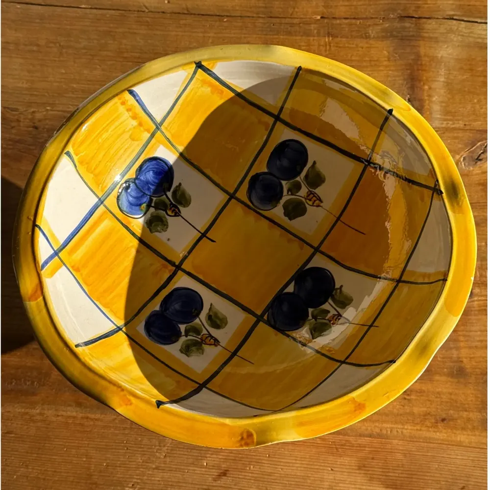 Bowls - Large yellow pedestal fruit bowl with plum pattern H15 D29 - OFFICE OBJETS