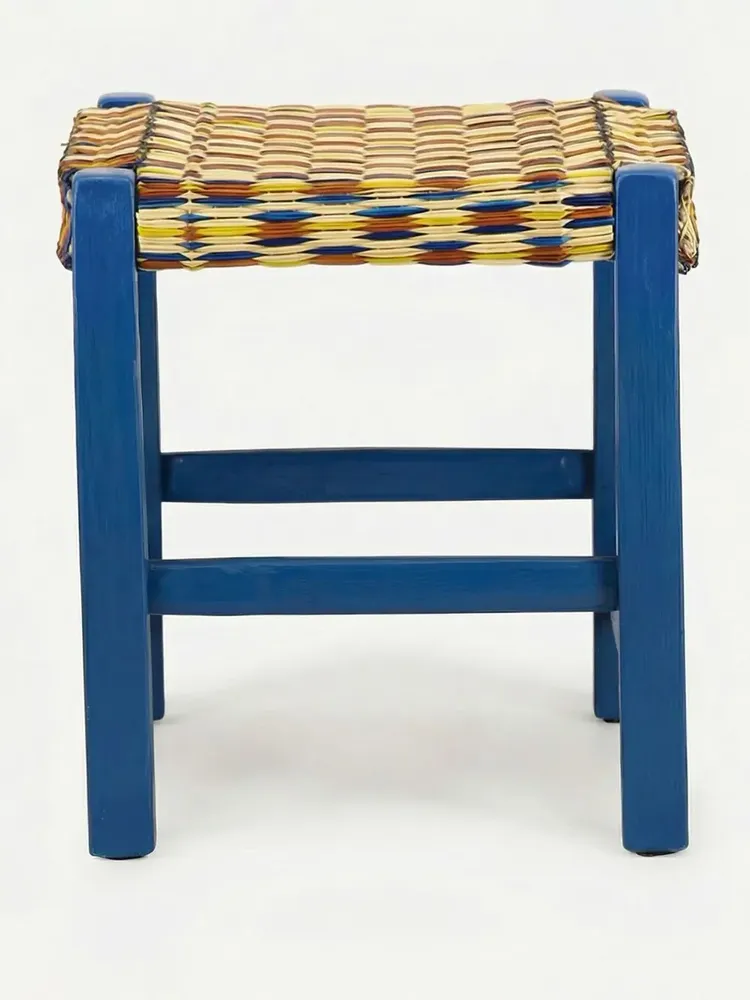 Tabourets - Handmade Coruche Blue Wood and Multicoloured Reed Stool - HOUSE OF CAPRICORN