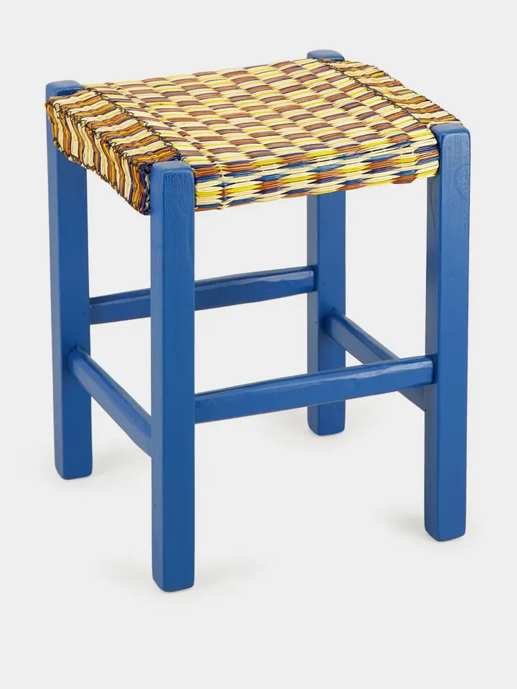 Tabourets - Handmade Coruche Blue Wood and Multicoloured Reed Stool - HOUSE OF CAPRICORN