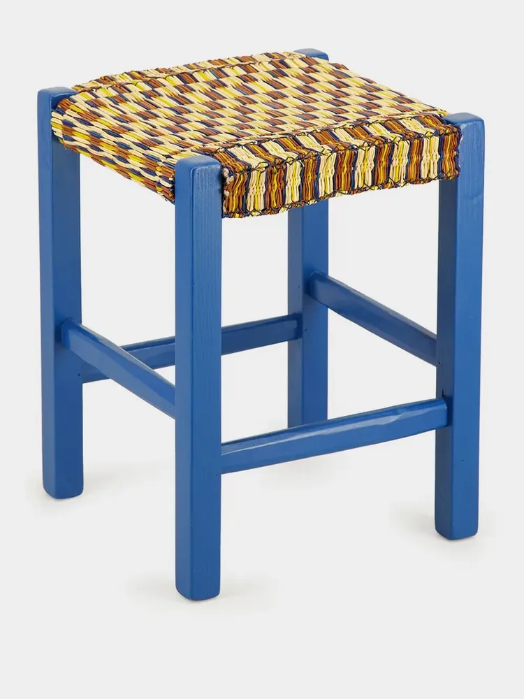 Tabourets - Handmade Coruche Blue Wood and Multicoloured Reed Stool - HOUSE OF CAPRICORN