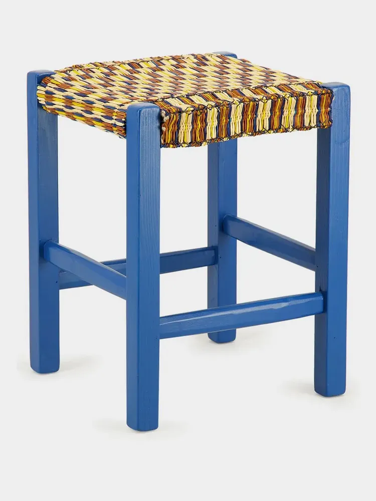 Tabourets - Handmade Coruche Blue Wood and Multicoloured Reed Stool - HOUSE OF CAPRICORN