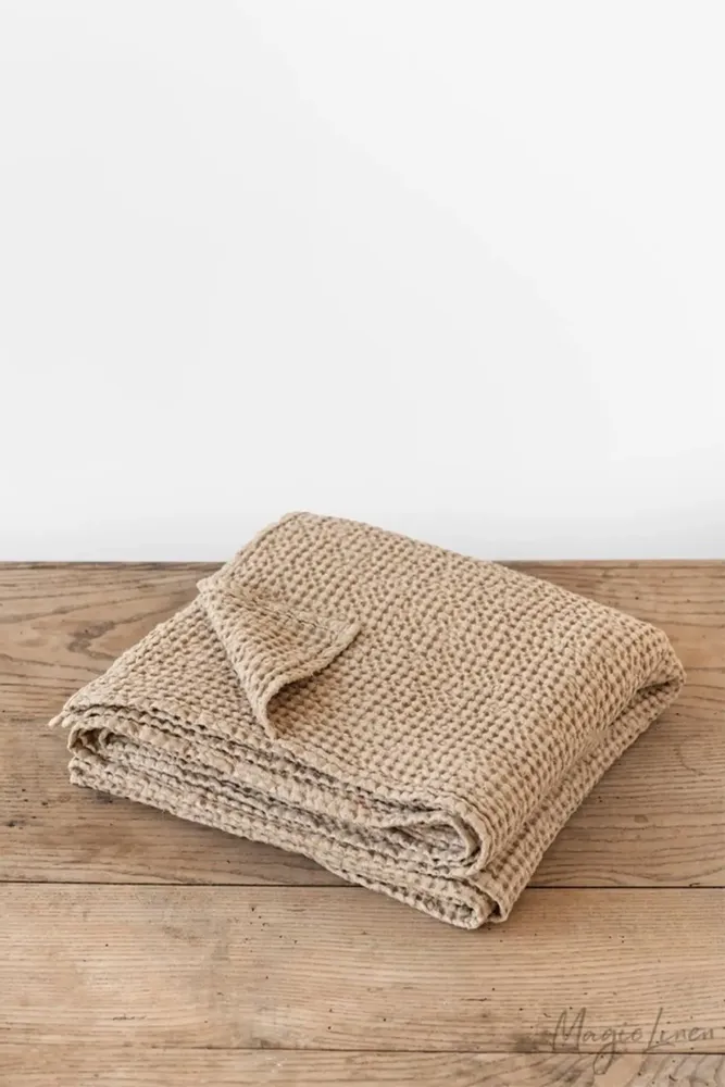 Throw blankets - Linen waffle throw blanket in Beige - MAGICLINEN