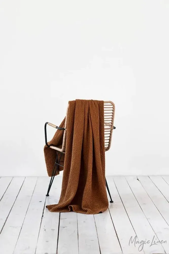 Throw blankets - Linen waffle throw blanket in Woodrose - MAGICLINEN
