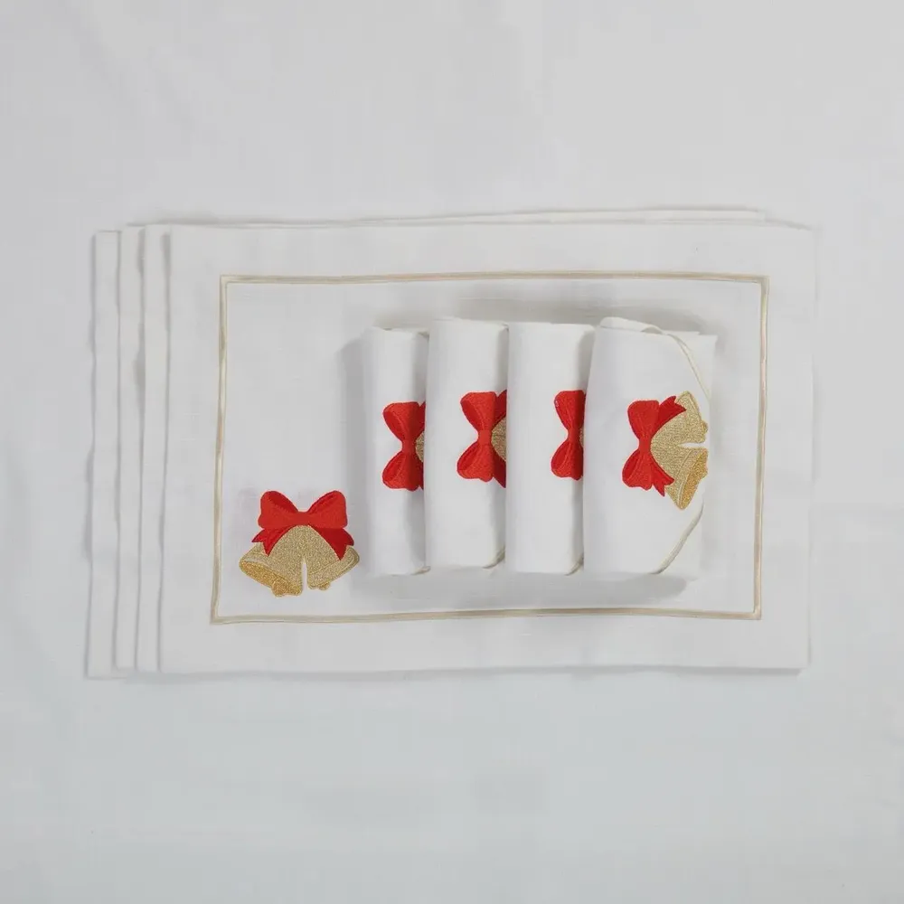 Christmas table settings - Joyful Christmas Panama Embroidered Placemats – Festive Story - ROSEBERRY HOME