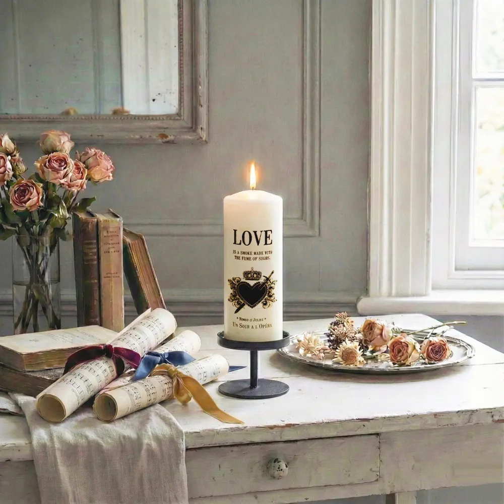 Objets de décoration - CIERGE TATOUÉ SAINT VALENTIN -  BOUGIE PILIER ROMÉO ET JULIETTE - UN SOIR A L'OPERA