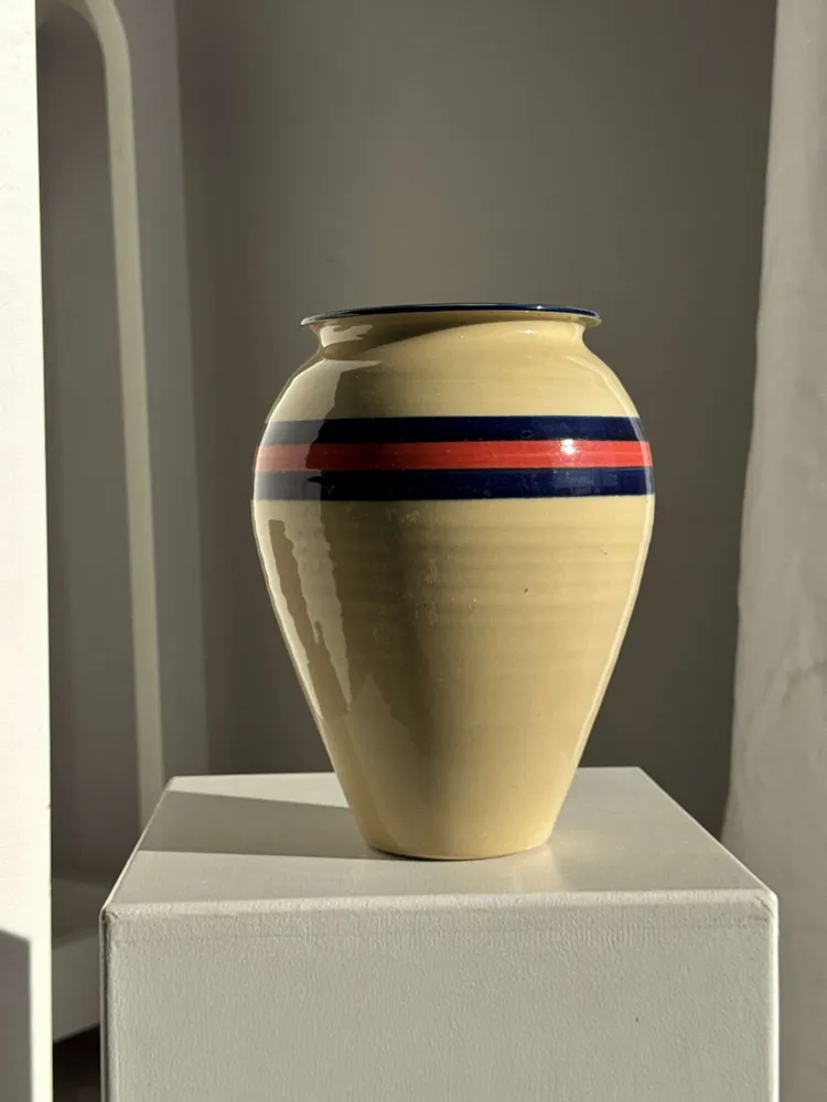 Vases - Large beige vase with blue and pink border H27 D21 - OFFICE OBJETS