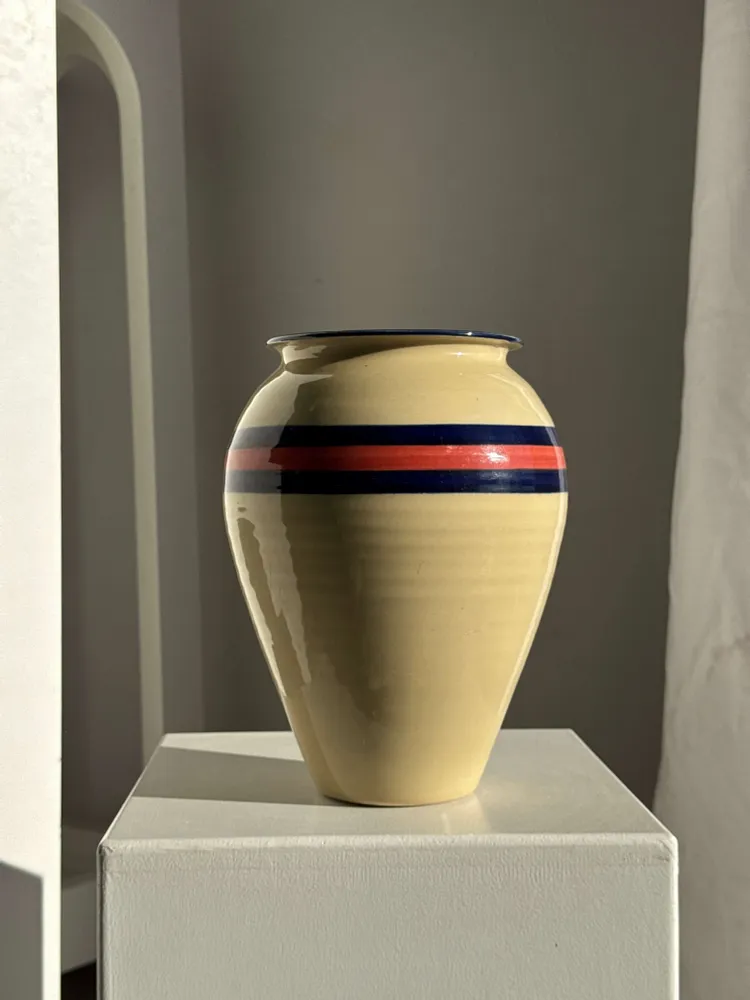 Vases - Large beige vase with blue and pink border H27 D21 - OFFICE OBJETS