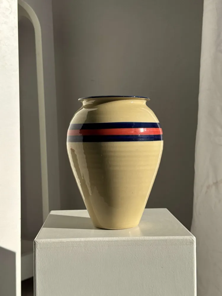 Vases - Large beige vase with blue and pink border H27 D21 - OFFICE OBJETS