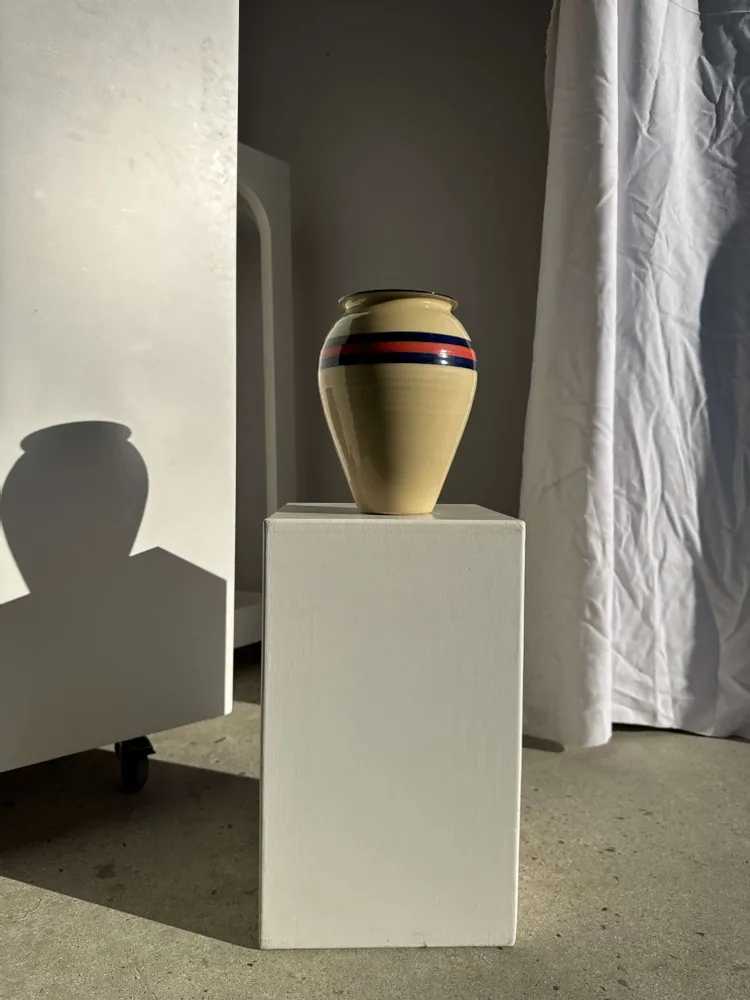 Vases - Large beige vase with blue and pink border H27 D21 - OFFICE OBJETS