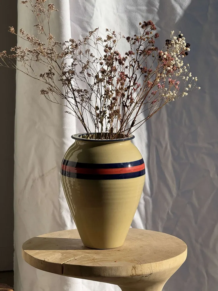 Vases - Large beige vase with blue and pink border H27 D21 - OFFICE OBJETS