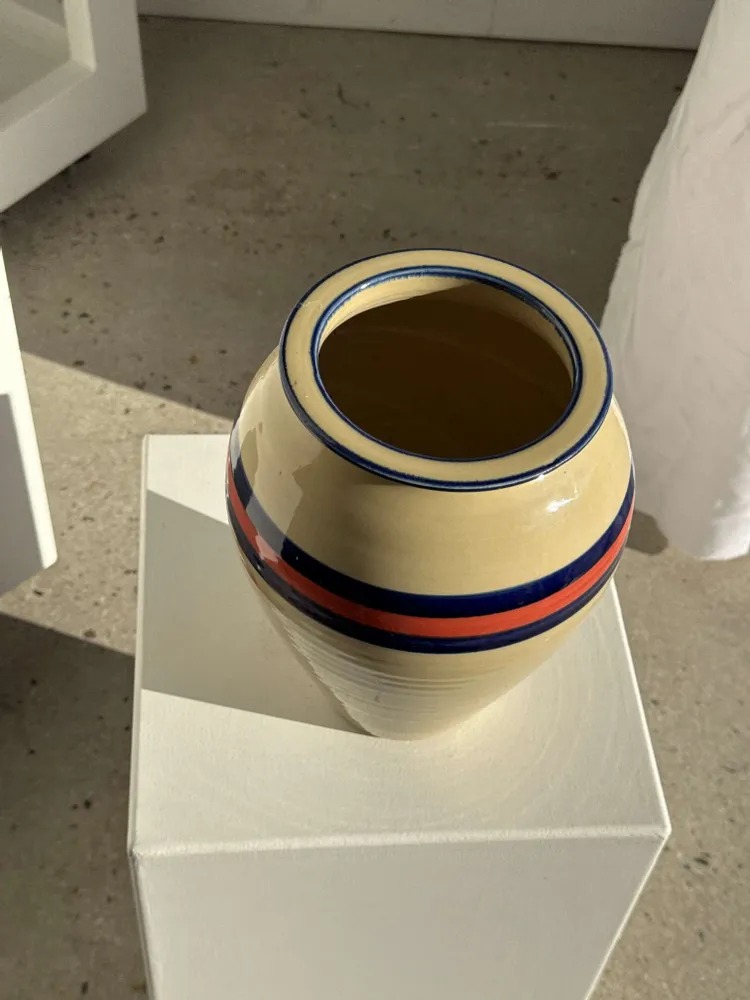 Vases - Large beige vase with blue and pink border H27 D21 - OFFICE OBJETS