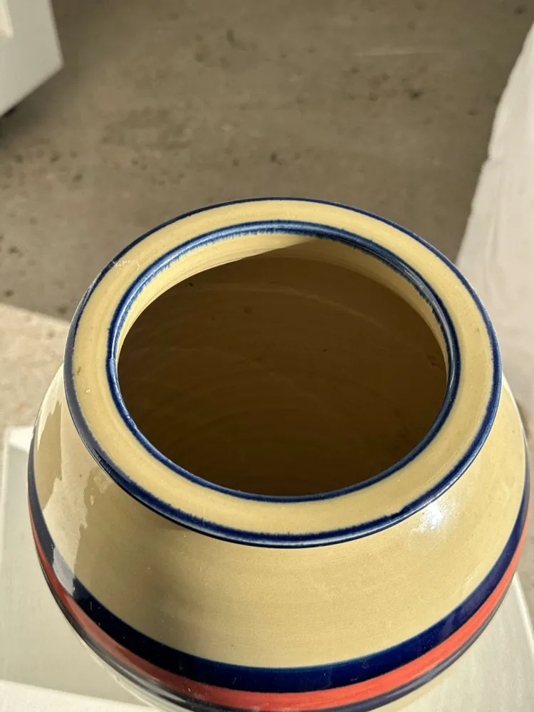 Vases - Large beige vase with blue and pink border H27 D21 - OFFICE OBJETS