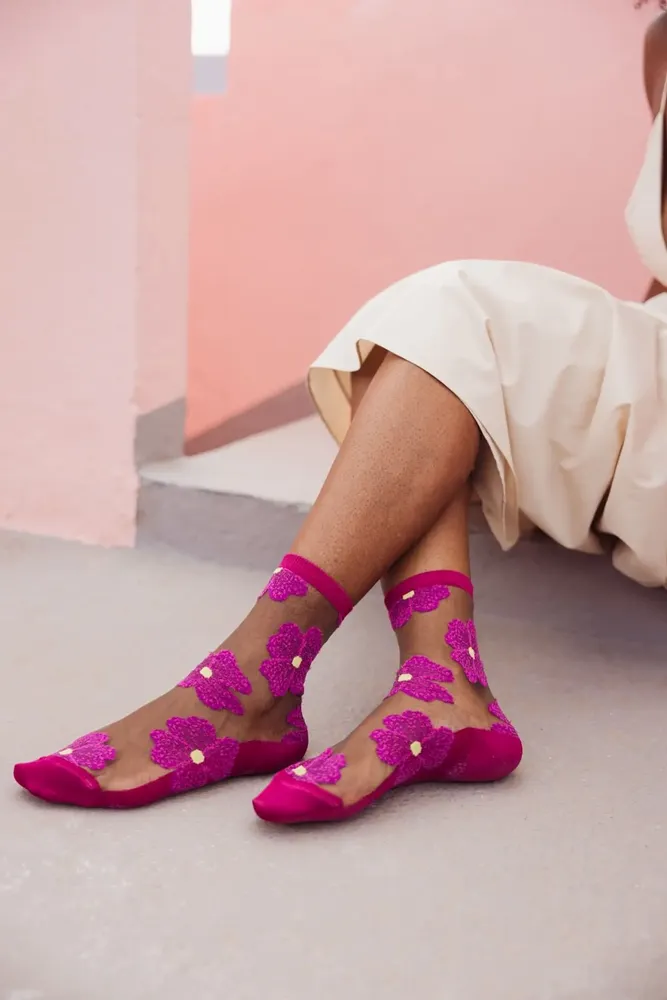 Gifts - Murano Fuschia 39-41 : Women’s sheer floral socks - ATELIER ST EUSTACHE