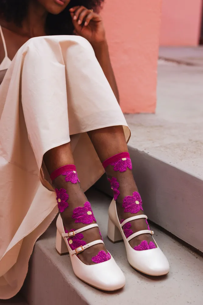 Gifts - Murano Fuchsia 36-38 : Women’s sheer floral socks - ATELIER ST EUSTACHE