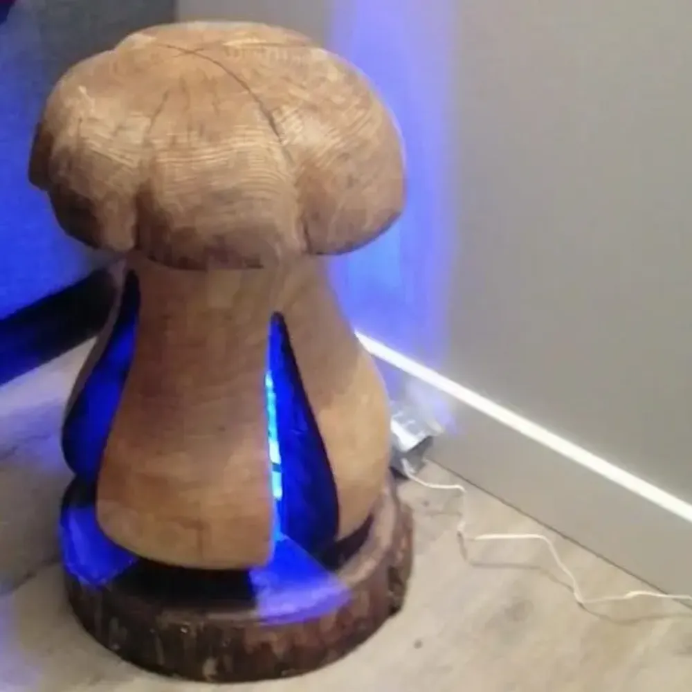Pièces uniques - Cèpe lumineux tabouret sculpté en bois - BOIS DE LION