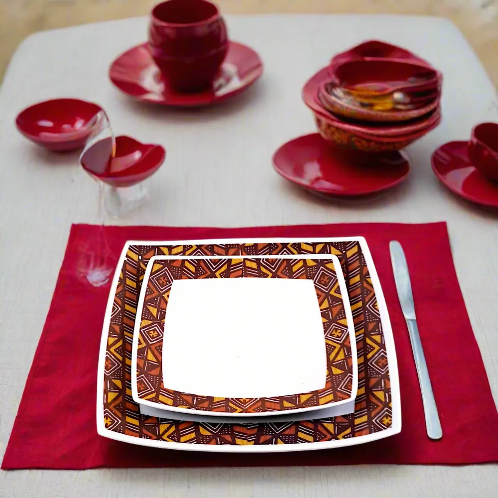 Cadeaux - Édition Limitée : Coffret de 6 Assiettes Carrées en Porcelaine Française Personnalisables – Motif Bogolan & Rhinocéros, Artisanat Unique - KEMI HOME ART