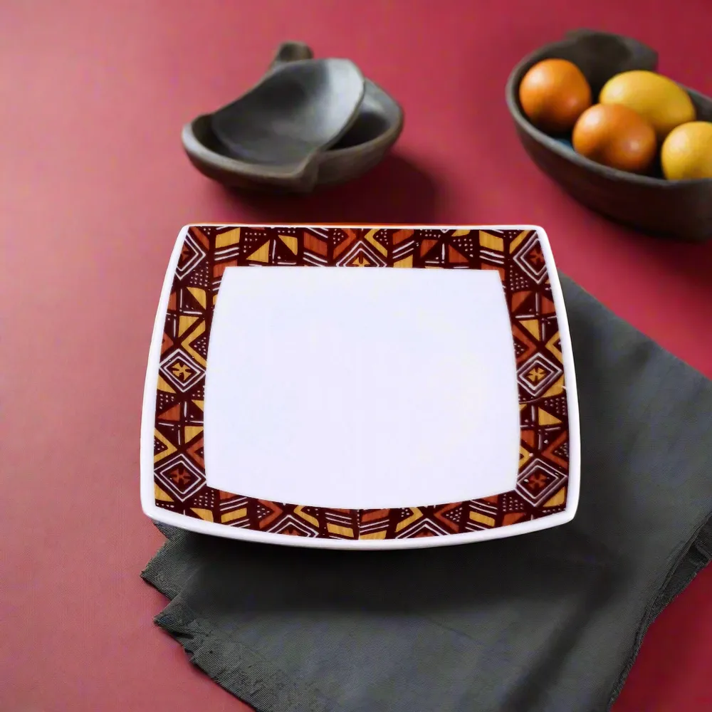 Cadeaux - Édition Limitée : Coffret de 6 Assiettes Carrées en Porcelaine Française Personnalisables – Motif Bogolan & Rhinocéros, Artisanat Unique - KEMI HOME ART