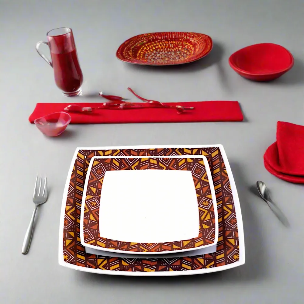 Cadeaux - Édition Limitée : Coffret de 6 Assiettes Carrées en Porcelaine Française Personnalisables – Motif Bogolan & Rhinocéros, Artisanat Unique - KEMI HOME ART