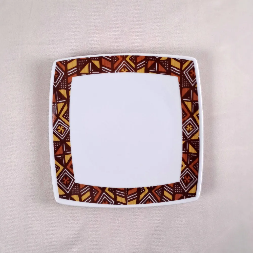 Cadeaux - Édition Limitée : Coffret de 6 Assiettes Carrées en Porcelaine Française Personnalisables – Motif Bogolan & Rhinocéros, Artisanat Unique - KEMI HOME ART