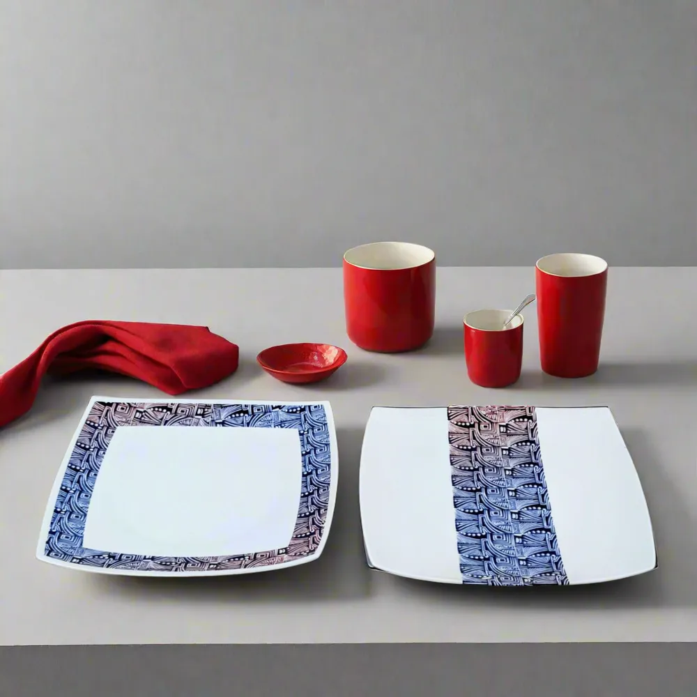 Gifts - Exclusive Set: 6 Customizable Square Porcelain Plates, Unique 'Artist KHA 1' Ethnic Pattern – Bespoke African Elegance - KEMI HOME ART