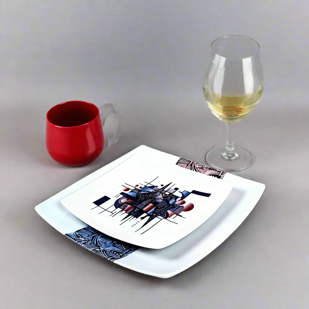 Gifts - Exclusive Set: 6 Customizable Square Porcelain Plates, Unique 'Artist KHA 1' Ethnic Pattern – Bespoke African Elegance - KEMI HOME ART