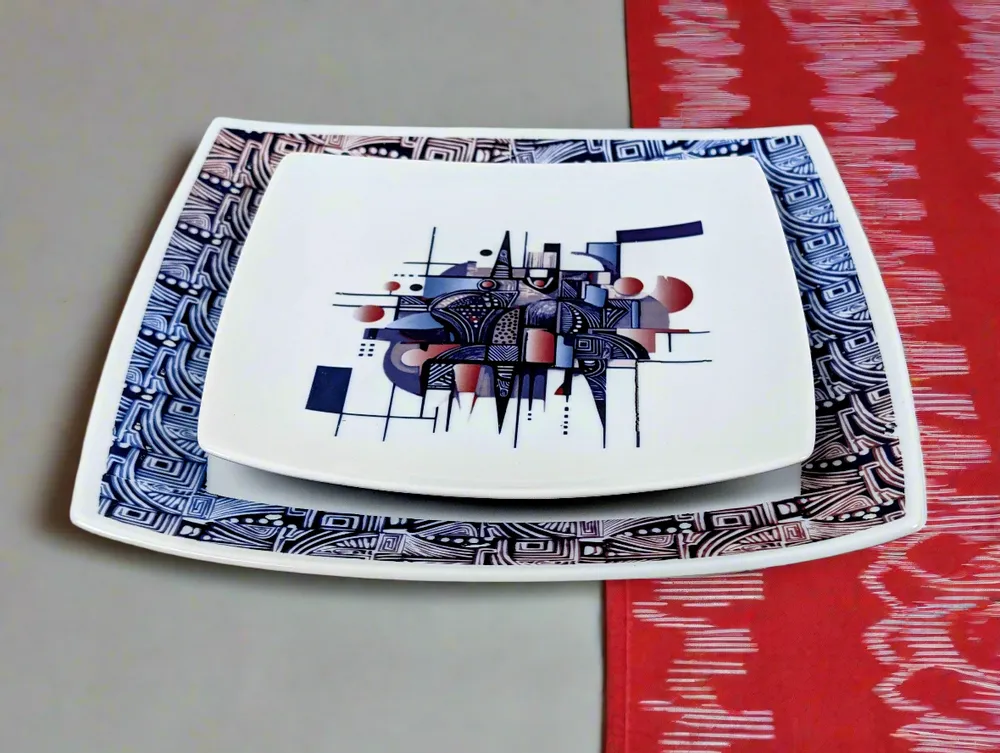 Gifts - Limited Edition: Customizable Square Porcelain Plates Set - Unique Ethnic Pattern « Artist KHA 1 » - KEMI HOME ART