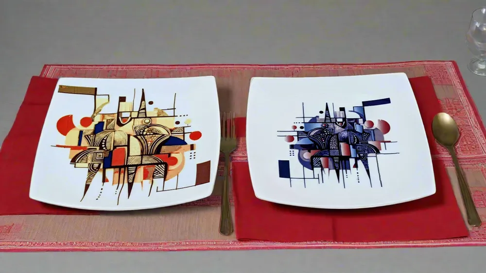 Gifts - Limited Edition: Customizable Square Porcelain Plates Set - Unique Ethnic Pattern « Artist KHA 1 » - KEMI HOME ART