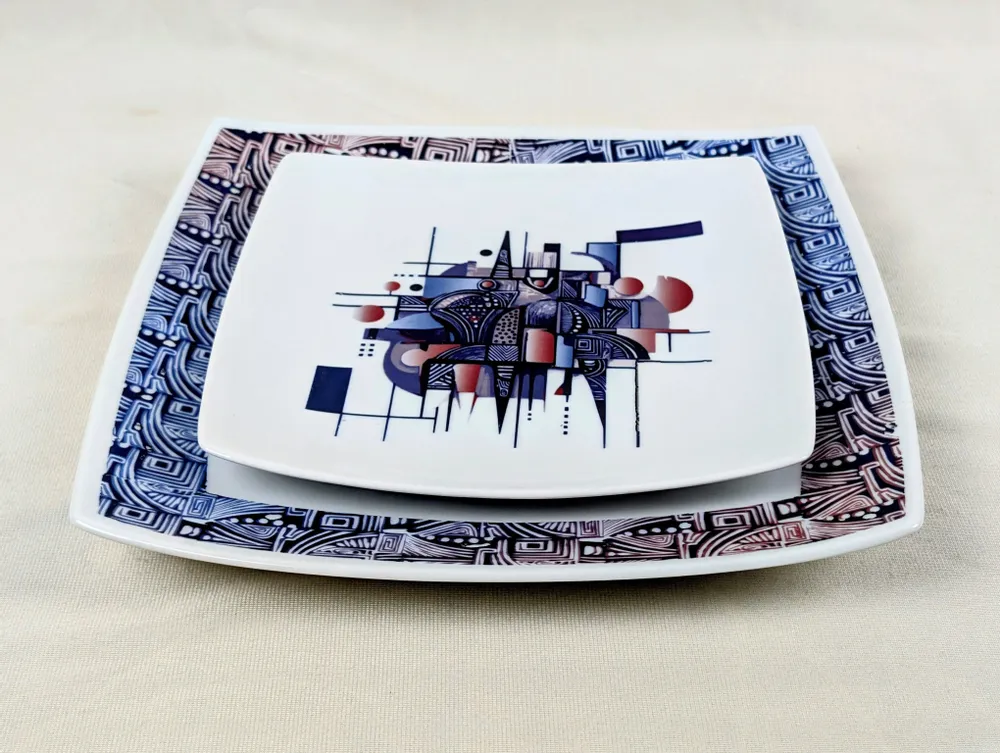 Gifts - Limited Edition: Customizable Square Porcelain Plates Set - Unique Ethnic Pattern « Artist KHA 1 » - KEMI HOME ART
