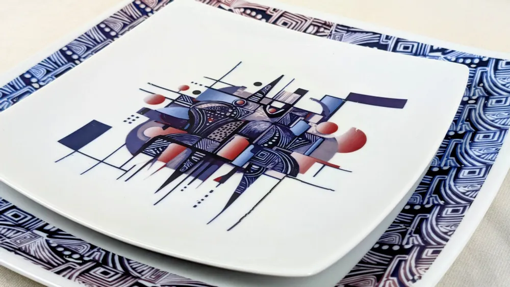 Gifts - Limited Edition: Customizable Square Porcelain Plates Set - Unique Ethnic Pattern « Artist KHA 1 » - KEMI HOME ART