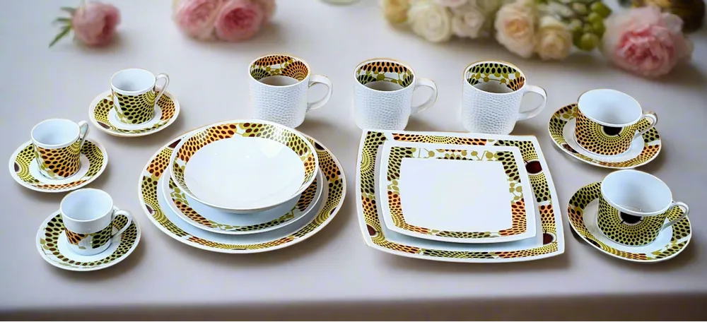 Gifts - Limited Edition: Set of 6 Customizable French Porcelain Plates – Unique Gammaphone Pattern for a Stylish Table - KEMI HOME ART