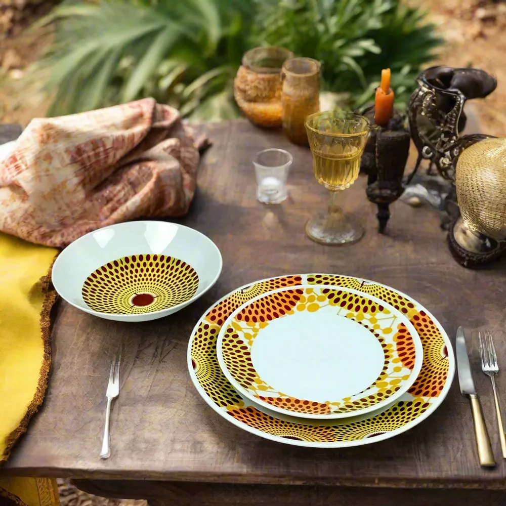 Cadeaux - Éclat d'Afrique : Coffret de 6 assiettes en porcelaine française personnalisables, motif wax unique Gammaphone orange - KEMI HOME ART