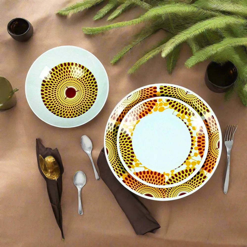 Cadeaux - Éclat d'Afrique : Coffret de 6 assiettes en porcelaine française personnalisables, motif wax unique Gammaphone orange - KEMI HOME ART