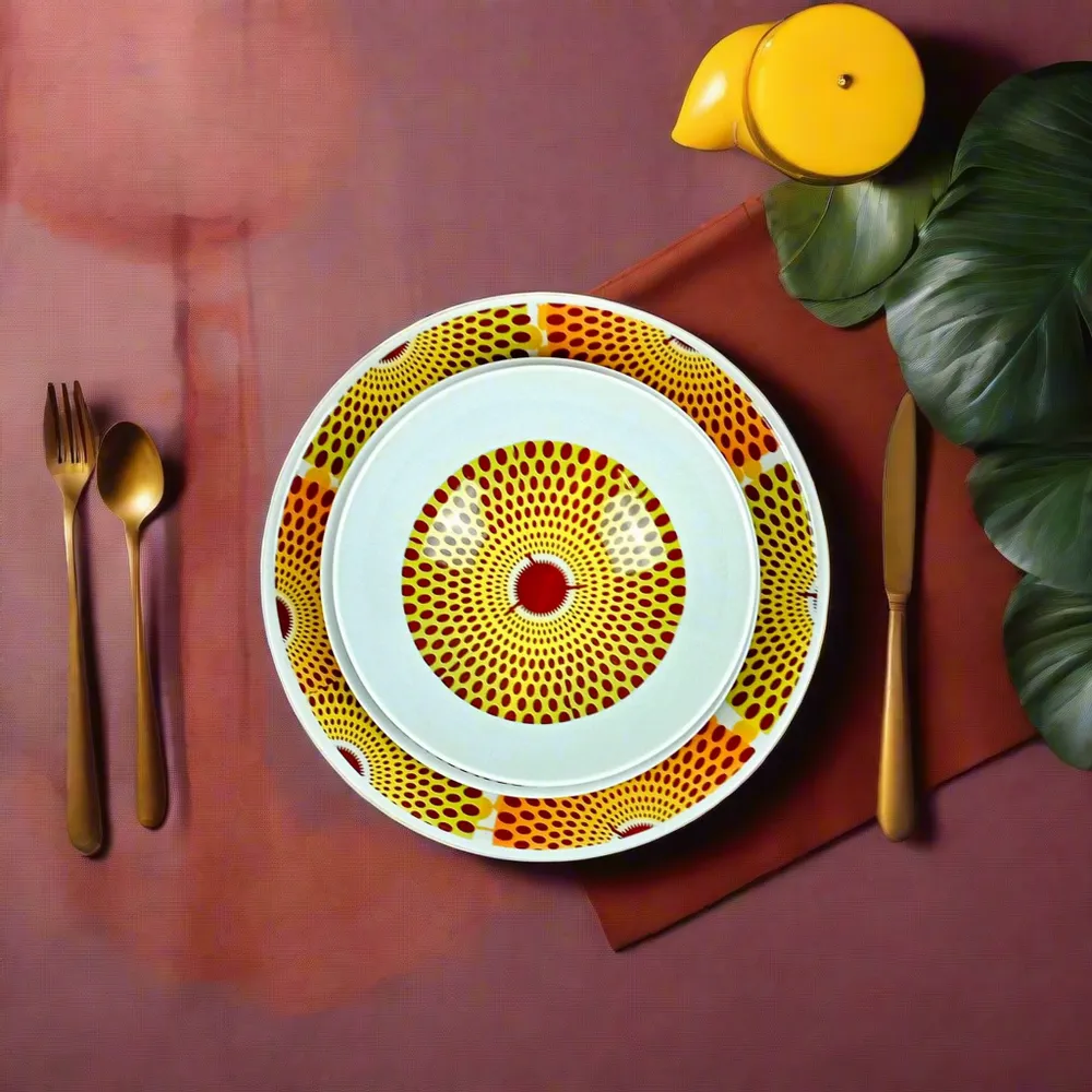 Cadeaux - Éclat d'Afrique : Coffret de 6 assiettes en porcelaine française personnalisables, motif wax unique Gammaphone orange - KEMI HOME ART