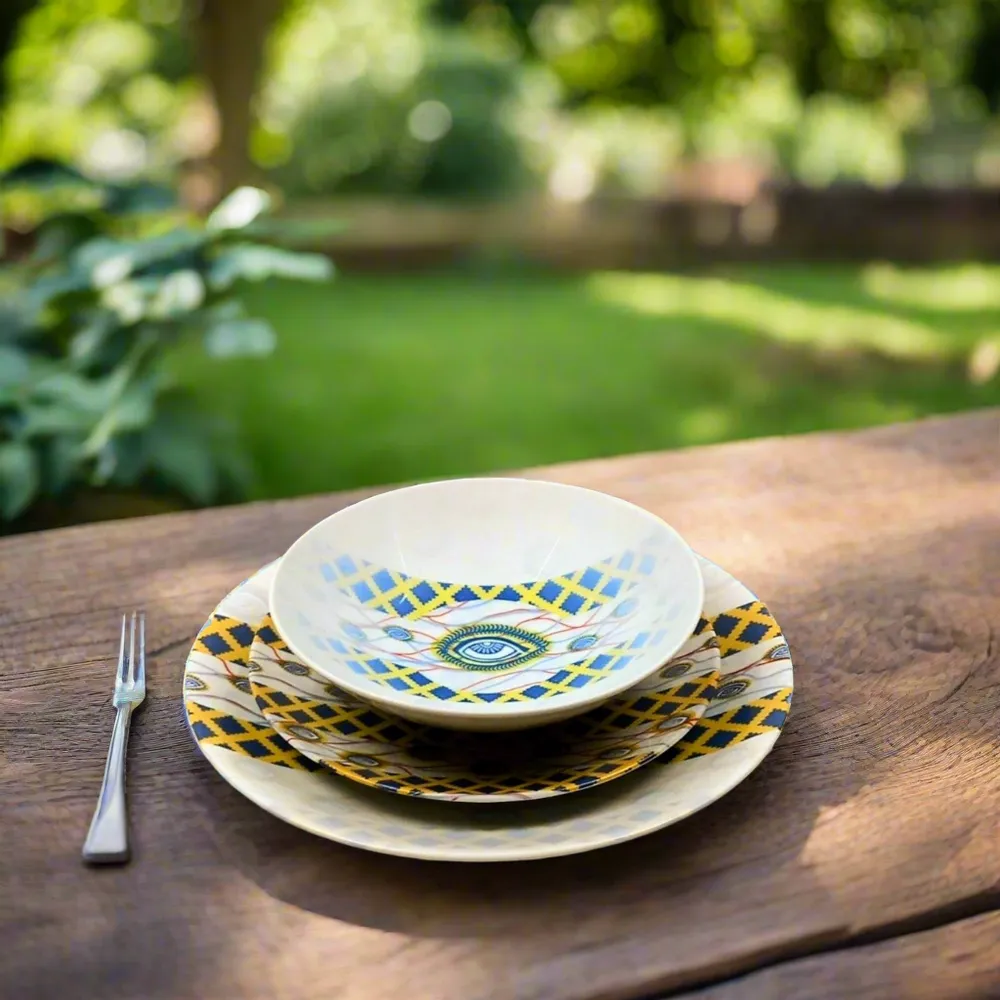 Gifts - Customizable Porcelain Plate Set - 'My Co-Wife's Eye' WAX Pattern - African Elegance Made to Order - KEMI HOME ART