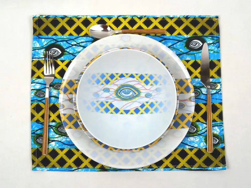 Gifts - Customizable Porcelain Plate Set - 'My Co-Wife's Eye' WAX Pattern - African Elegance Made to Order - KEMI HOME ART