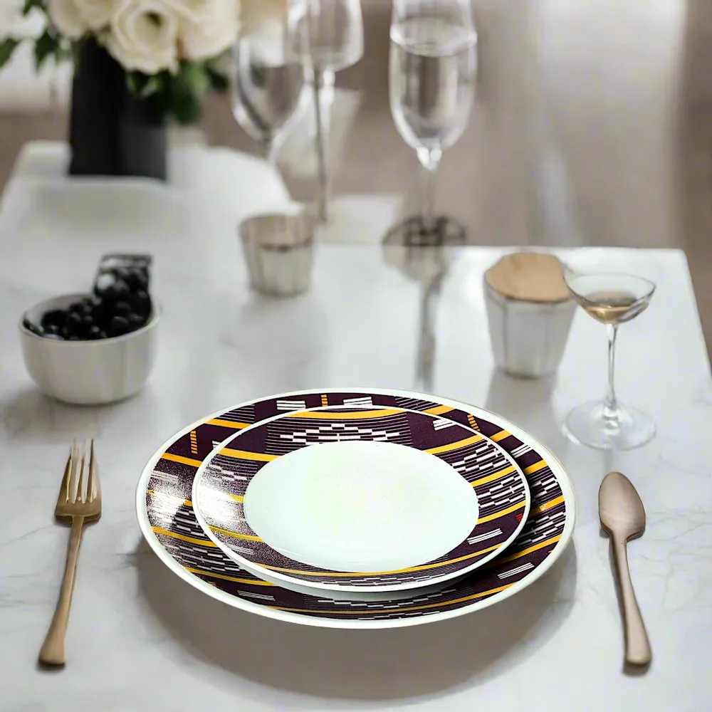 Gifts - Limited Edition: Set of 6 Customizable Porcelain Plates - Baoulé Black & Yellow Motif, Unique Ivorian Craftsmanship - KEMI HOME ART