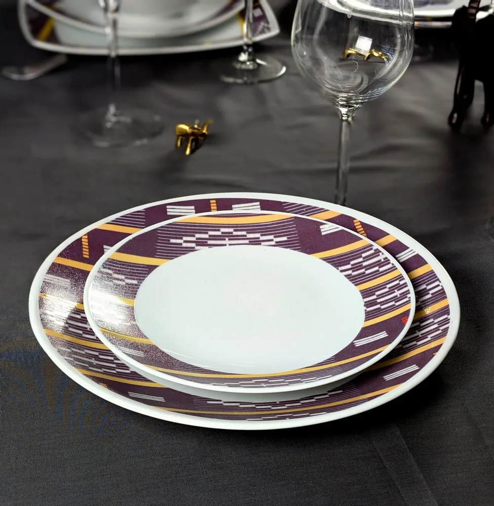 Gifts - Limited Edition: Set of 6 Customizable Porcelain Plates - Baoulé Black & Yellow Motif, Unique Ivorian Craftsmanship - KEMI HOME ART