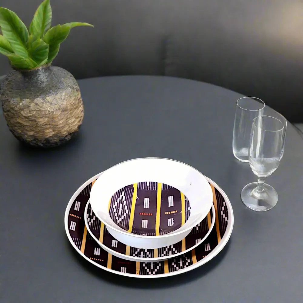 Gifts - Limited Edition: Set of 6 Customizable Porcelain Plates - Baoulé Black & Yellow Motif, Unique Ivorian Craftsmanship - KEMI HOME ART