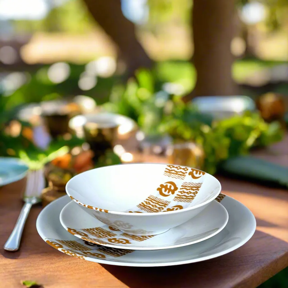 Gifts - Limited Edition: Set of 6 Customizable French Porcelain Plates - Unique Gold Adinkra Motifs, Handcrafted to Order - KEMI HOME ART