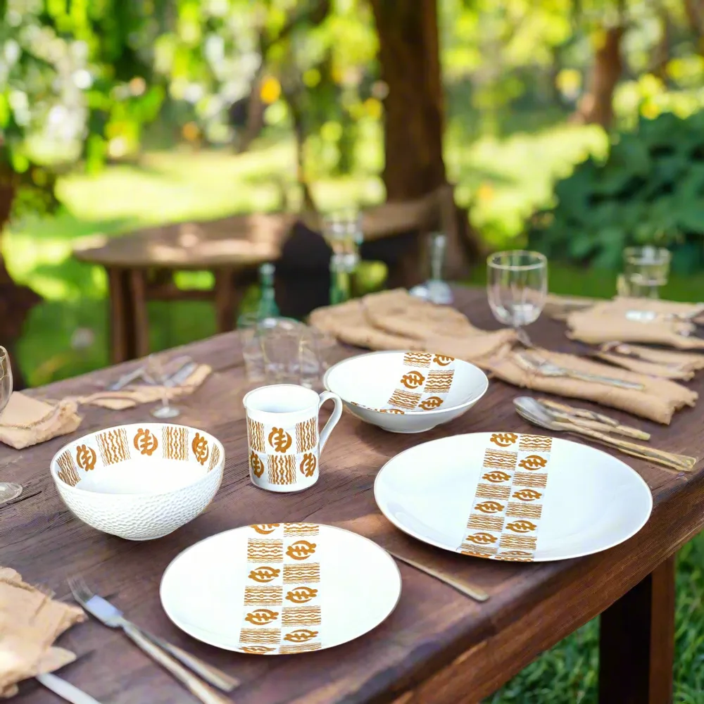 Gifts - Limited Edition: Set of 6 Customizable French Porcelain Plates - Unique Gold Adinkra Motifs, Handcrafted to Order - KEMI HOME ART